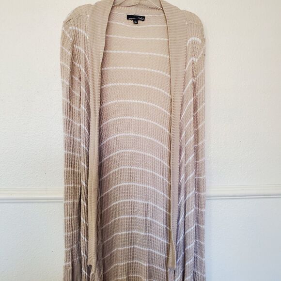 Rxb Striped Long Open Front Cardigan Long Sleeve Sweater Beige Boho Size M - Picture 7 of 14
